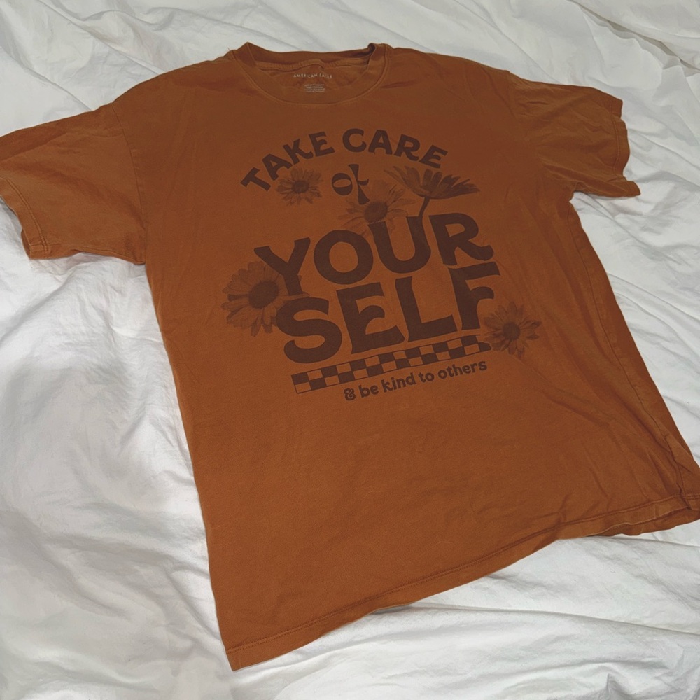 Oversized AE T-Shirt Distressed Burnt Orange TAKE CARE OF YOURSELF AND BE KIND